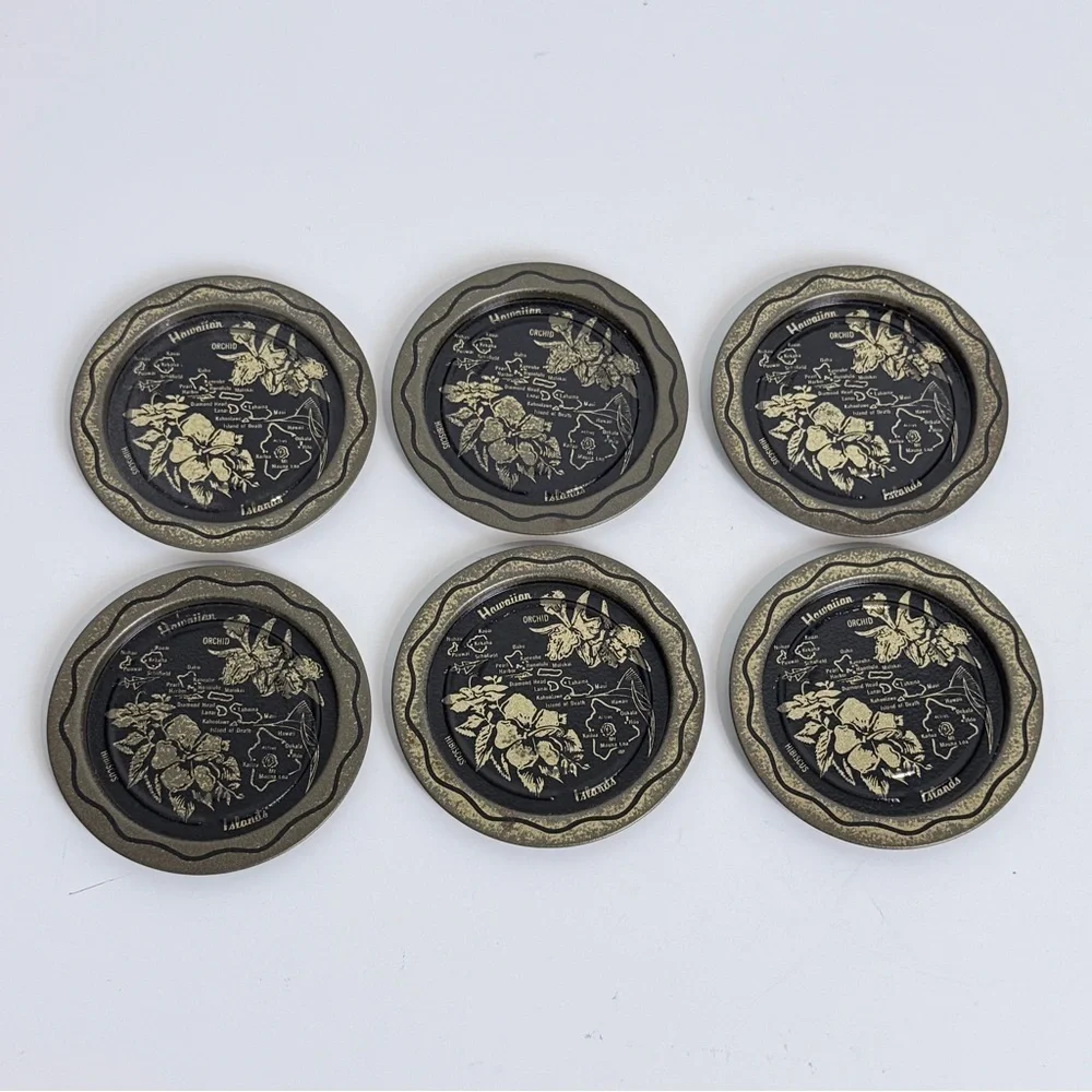 Set of 6 Vintage Aluminum Hawaii Souvenir Coaster Set